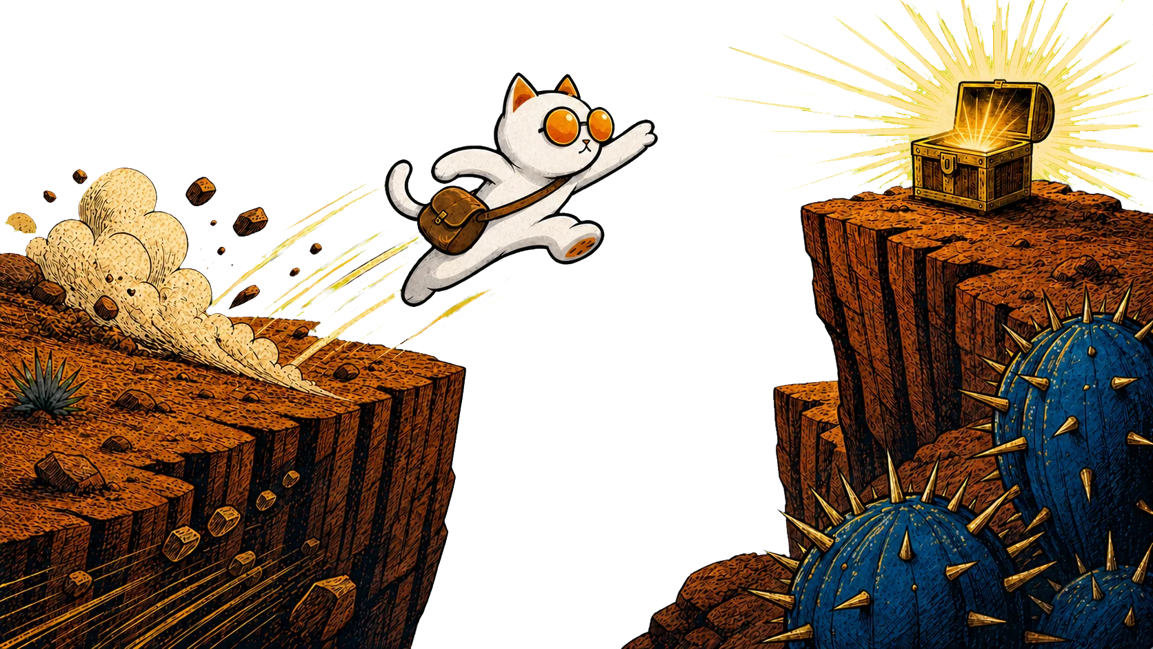The Desert Cat leaping a canyon toward a glowing treasure chest, rocks and dust flying behind it.