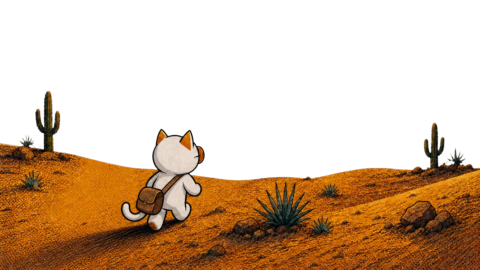 The Desert Cat walking away across open dunes under a high sun, satchel on its shoulder.