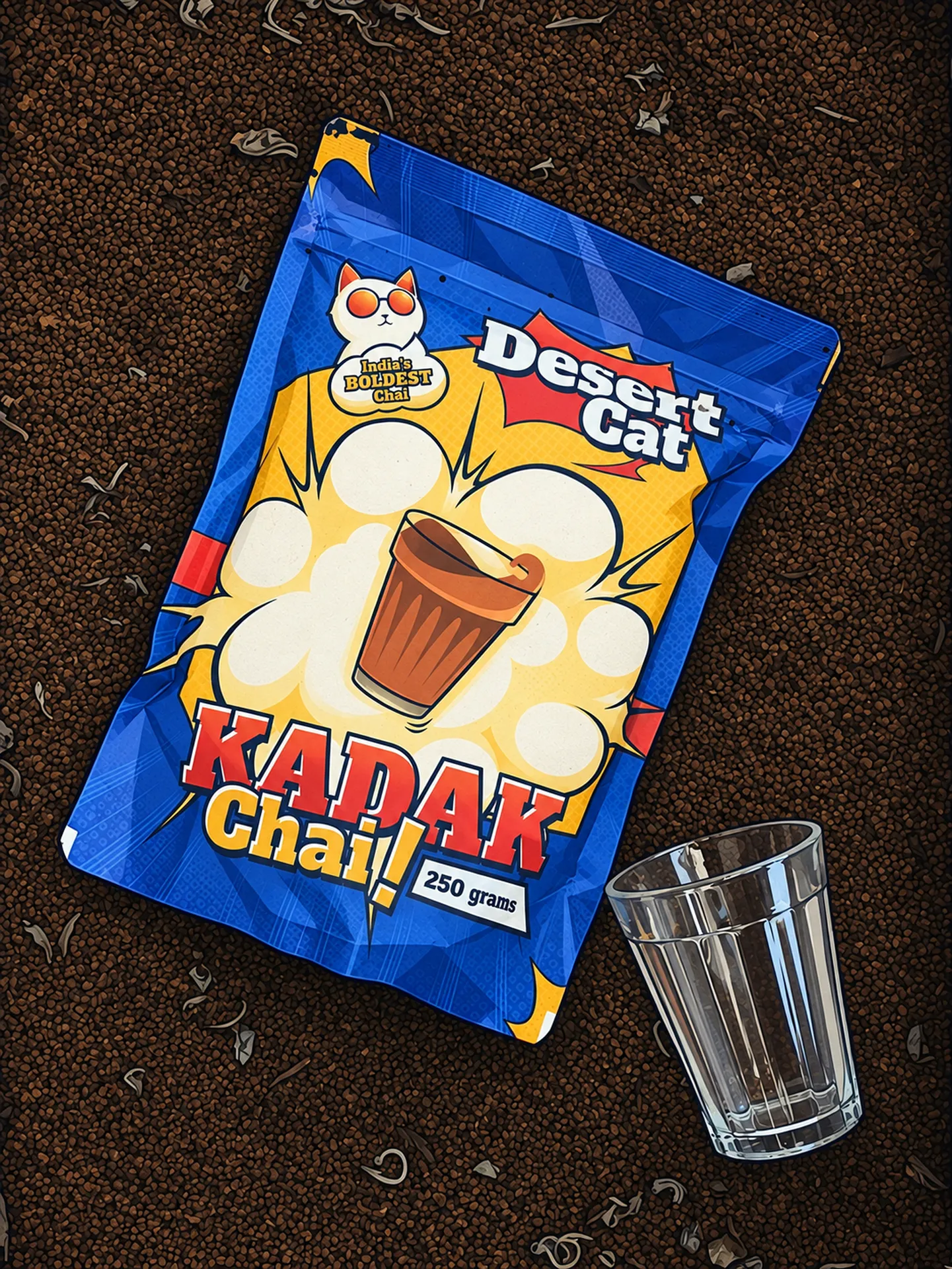 The Desert Cat Kadak Chai pack on loose tea granules and leaves