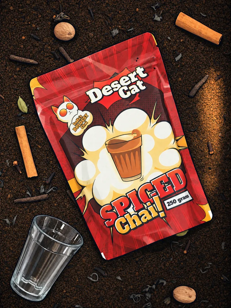 The Desert Cat Spiced Chai pack on loose tea and spices